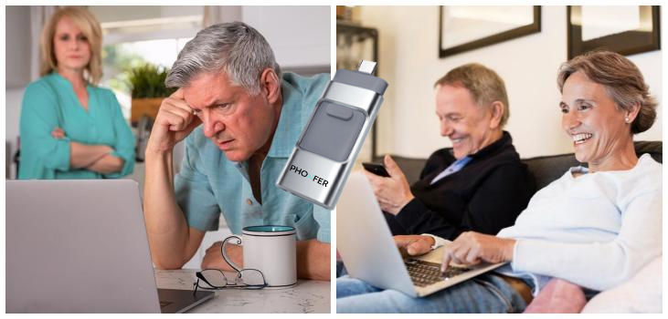 Collage of an older couple frustrated with their laptop and another using their devices cheerfully. On top of the image is Phoxfer.